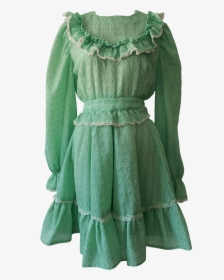 70"s Light Green Scrunchy Dress With Ruffles - Overcoat, HD Png Download, Free Download