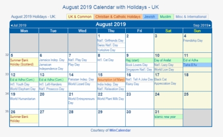 August 2019 Uk Holidays Calendar - Holidays In August 2019, HD Png Download, Free Download