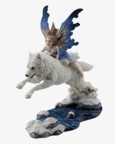 Fairy Riding On Leaping Arctic Wolf Statue - Fairy With Wolf Figurine, HD Png Download, Free Download