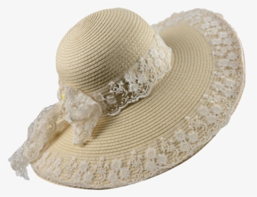 Wide Brim Straw Hat With Lace Bowknot - Beige, HD Png Download, Free Download