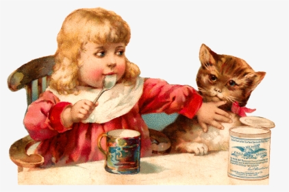Free Printable Victorian Girls Cats Old - طفل ياكل مع القطط, HD Png Download, Free Download