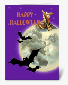 Witch & Bats & Moon Greeting Card - Halloween Clip Art, HD Png Download, Free Download