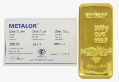 Metalor 500g Gold Cast Bar - Gold Certificate Of Authenticity, HD Png Download, Free Download