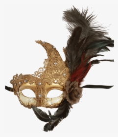 Feathered Golden Lace Masquerade Mask - Feather Masquerade Masks Transparent Background, HD Png Download, Free Download