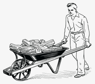 Free Clipart Of A Retro Black And White Man Pushing - Man Pushing A Wheelbarrow, HD Png Download, Free Download