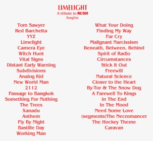 Rush Song List, HD Png Download, Free Download