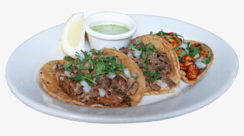 Three Tacos On A White Dish With Lemon And Avocado - Korean Taco, HD Png Download, Free Download