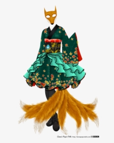 A Knee Length Teal Green Dress With A Fox Mask And - Kitsune Dress, HD Png Download, Free Download
