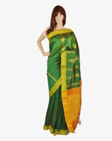 Gorgeous Green & Gold Stripe Silk Saree , Png Download - Saree And Dress Png, Transparent Png, Free Download