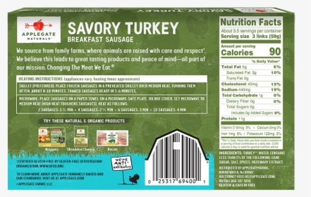 Nat - Savory Back - Applegate Turkey Sausage Links Label, HD Png Download, Free Download