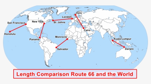 Map Comparing Route 66 Length With Distances Between - World Map With Europe Circled, HD Png Download, Free Download