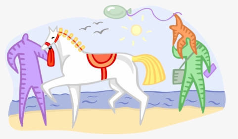 Vector Illustration Of White Horse On Beach With Father - Cartoon, HD Png Download, Free Download