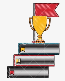 Business Trophy Cup Award On Pile Books Flag Color - Trophy, HD Png Download, Free Download