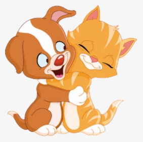 Cute Cats, Dogs Animation - Cat And Dog Hugging Cartoon, HD Png Download, Free Download