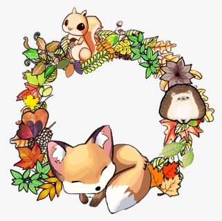 Fall Autumn Squirrel Fox Wreath Leaves - Cartoon, HD Png Download, Free Download