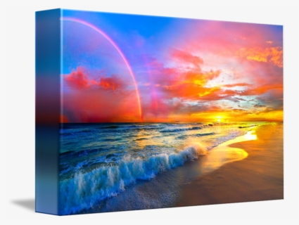 Pink Sunset Beach With Rainbow And Ocean Waves By Eszra, HD Png Download, Free Download