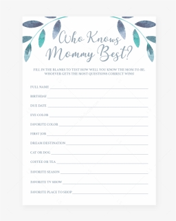 Printable Who Knows Mommy Best Quiz With Watercolor - Would She Rather Baby Shower Game, HD Png Download, Free Download
