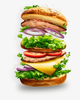 Slider-img - Burger With Flying Ingredients, HD Png Download, Free Download