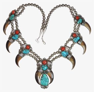 Signed Navajo Bear Claw, Turquoise, Coral Squash Blossom - Squash Blossom Necklace Bearclaw, HD Png Download, Free Download