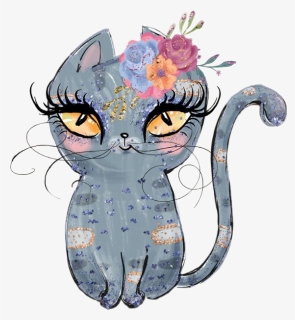 #watercolor #cat #grey #flowers #cateyes #floral #whiskers - Cartoon, HD Png Download, Free Download