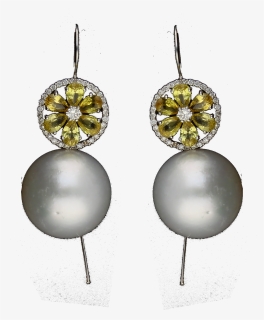 South Sea Pearl Earrings With Diamond & Yellow Sapphire - Earrings, HD Png Download, Free Download