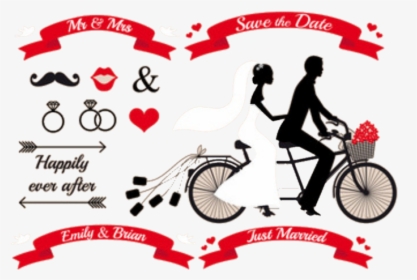 Just Married Bride And Groom On Tandem Bicycle Pil - Tandem Bike Just Married, HD Png Download, Free Download