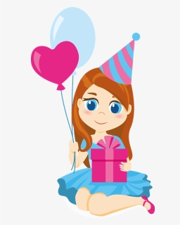 Birthday Girl With Balloons And Gift Box Clipart - Birthday Girl Clipart, HD Png Download, Free Download