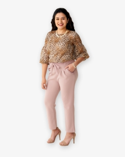 Lady In Leopard Print Shirt And Blush Pants With High - Leopard Print And Blush Outfit, HD Png Download, Free Download