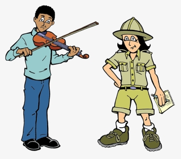 A Boy Playing A Violin And A Girl In Safari Clothes - Cartoon, HD Png Download, Free Download