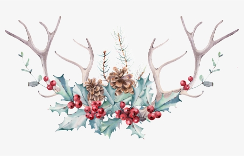 Hand Painted Antlers And Flowers Hd High Definition - Watercolor Christmas Free Clipart, HD Png Download, Free Download