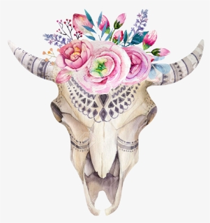 #paint #flowers #floral #watercolor #watercolour #bullhead - Boho Cow Skull, HD Png Download, Free Download