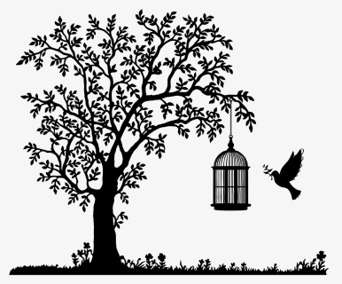 Tree And Bird Flying To Birdcage Silhouette - Drawing Of Two Sisters, HD Png Download, Free Download