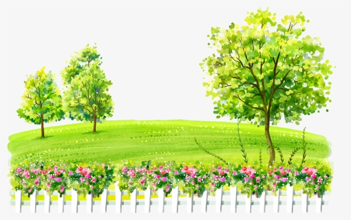#watercolor #landscape #yard #hill #grass #fence #trees - Sunny Day Biking Cartoons, HD Png Download, Free Download