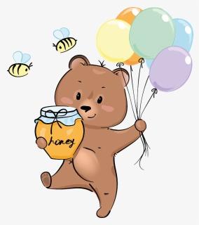 Cute Bear With Honey And Balloons Clipart - Cartoon, HD Png Download, Free Download