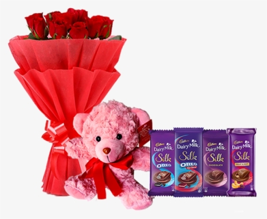 Rose With Teddy & Chocolates - Flower Bouquet, HD Png Download, Free Download