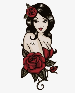 Woman, Roses - Pin Up Girl Old School Tattoos, HD Png Download, Free Download