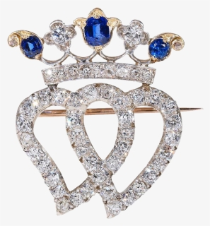 Victorian Double Heart Crown Sapphire Diamond Brooch - Diamond, HD Png Download, Free Download