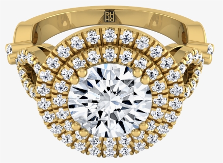 Round Diamond Double Halo Engagement Ring 18k Yellow - Engagement Ring, HD Png Download, Free Download