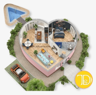 Love Shaped Home 3d Floor Plan Creative Rendering, HD Png Download, Free Download