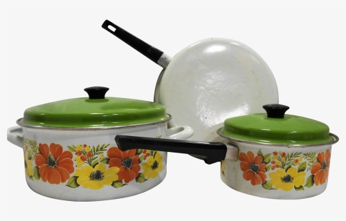 Orange Yellow Flower Porcelain Enamel Cookware Set - 1970s Pots And Pans, HD Png Download, Free Download