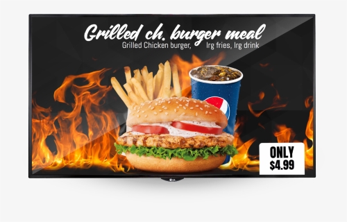 Lcd Showing Food Menu Burger, Fries And Drink - French Fries, HD Png Download, Free Download