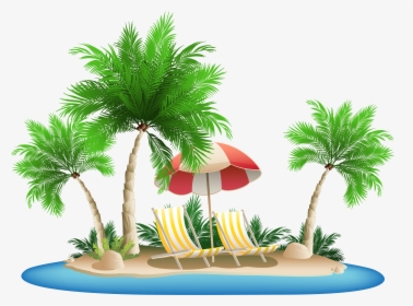 Beach Umbrella With Chairs And Palm Island Png Clipart - Palm Tree Island Png, Transparent Png, Free Download