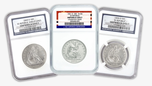 Three Ngc Certified “shipwreck Effect” Seated Liberty - Ss Republic Morgan Silver, HD Png Download, Free Download